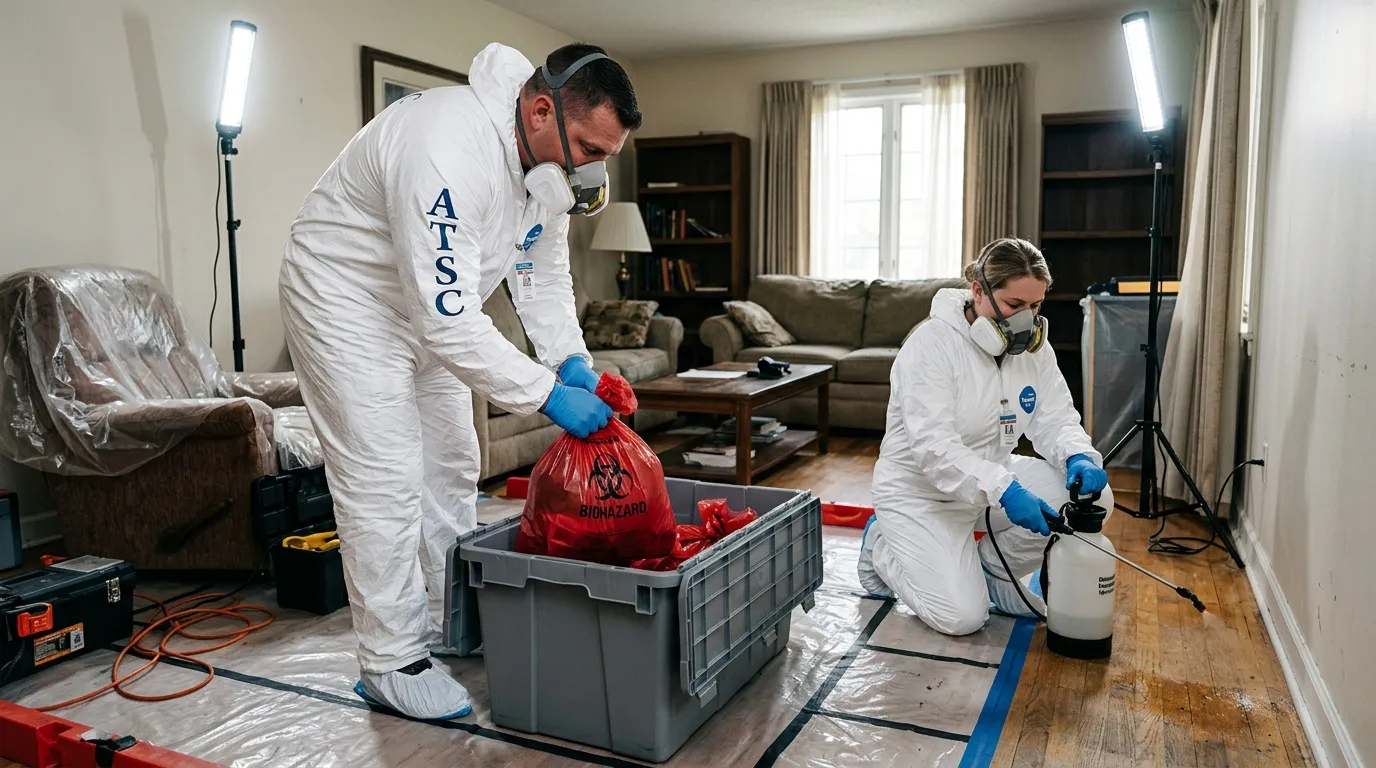 Professional Biohazard Cleanup technician in full PPE working in Westerville